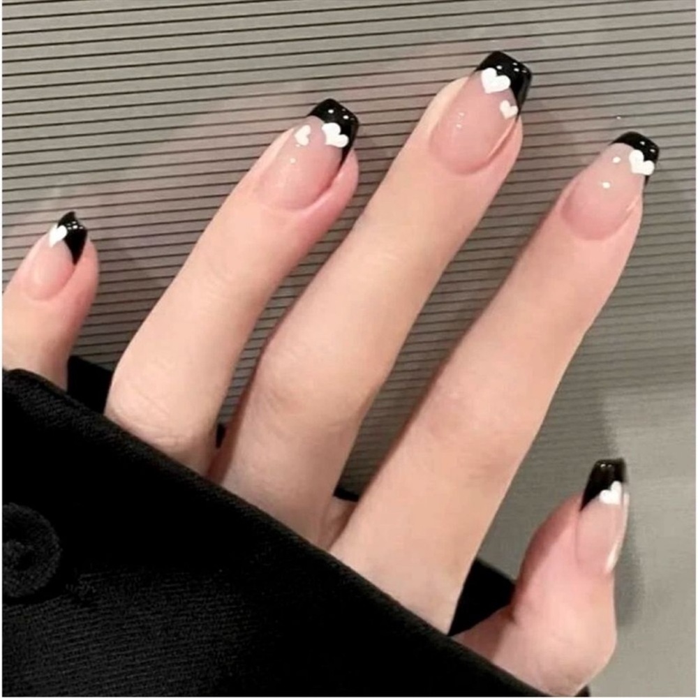 Y2K Gothic Valentine Coffin Black French Heart 24 Piece Set Nails